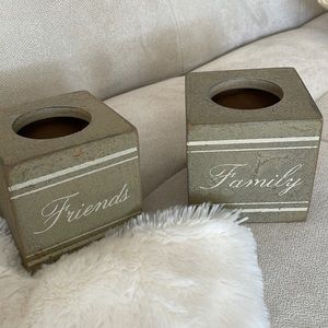 Adorned candle holders that sat “Friends” and “Family.” Great condition.